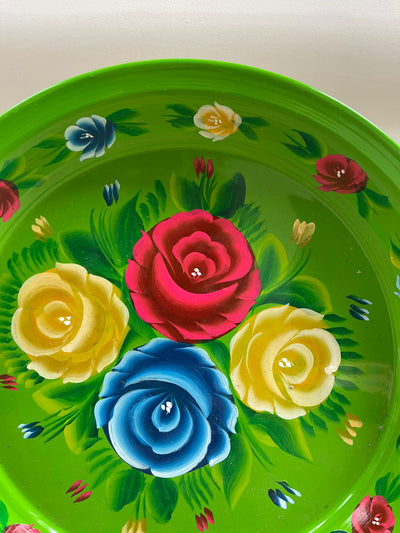 Hand Painted Enamel Platter - Green Floral