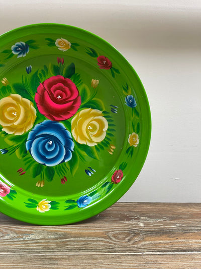 Hand Painted Enamel Platter - Green Floral