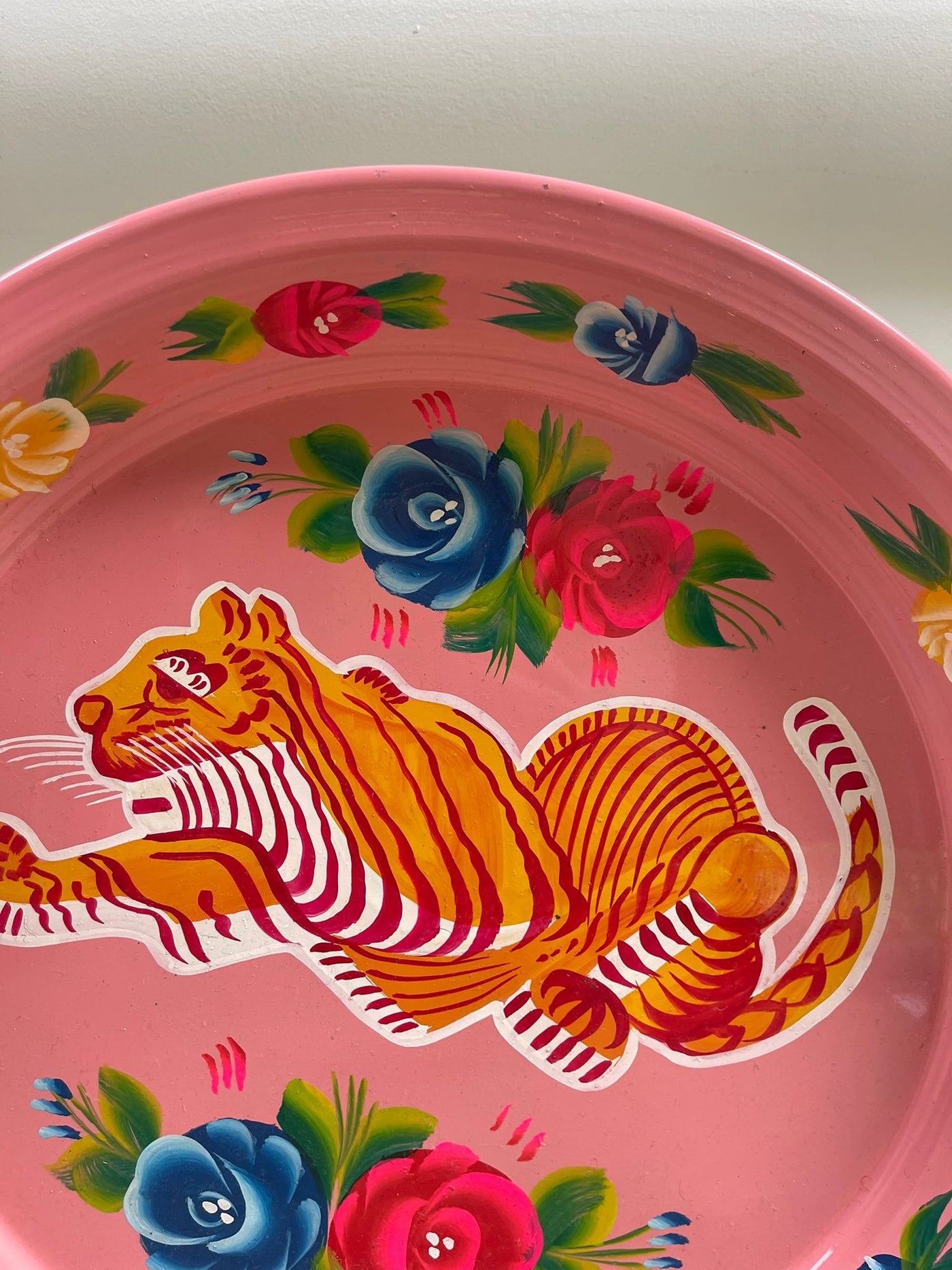 Hand Painted Enamel Platter - Pink Tigers