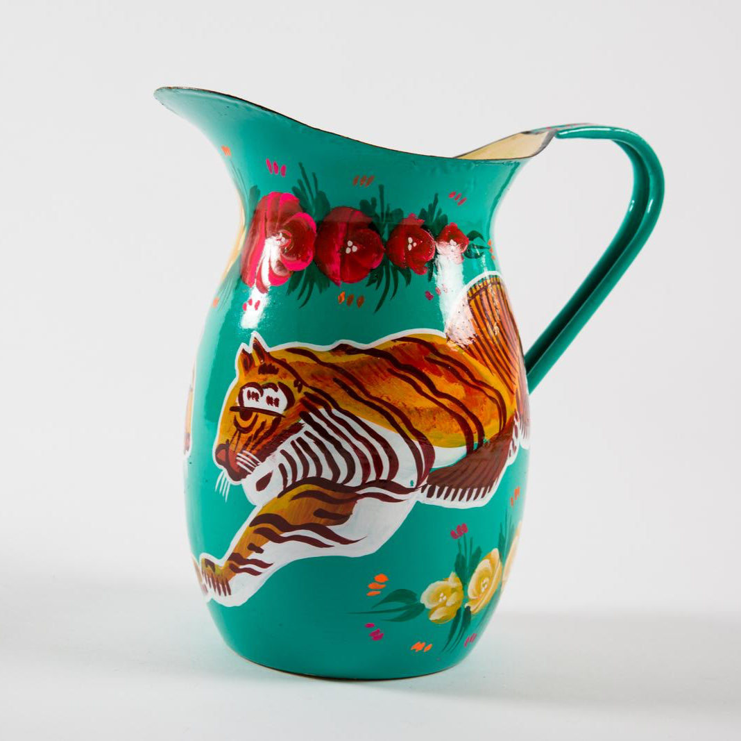 Hand Painted Enamel Jug - Turquoise Tigers