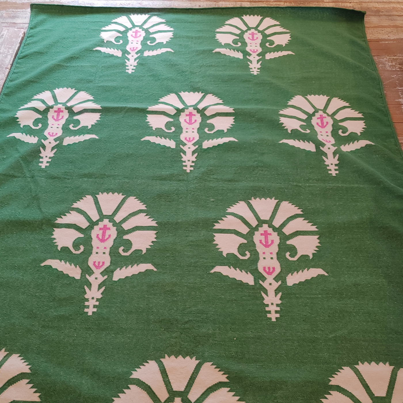 Floral Ottoman Flatweave Rug - Green, Pink & Off-White - 1.8 x 2.75m